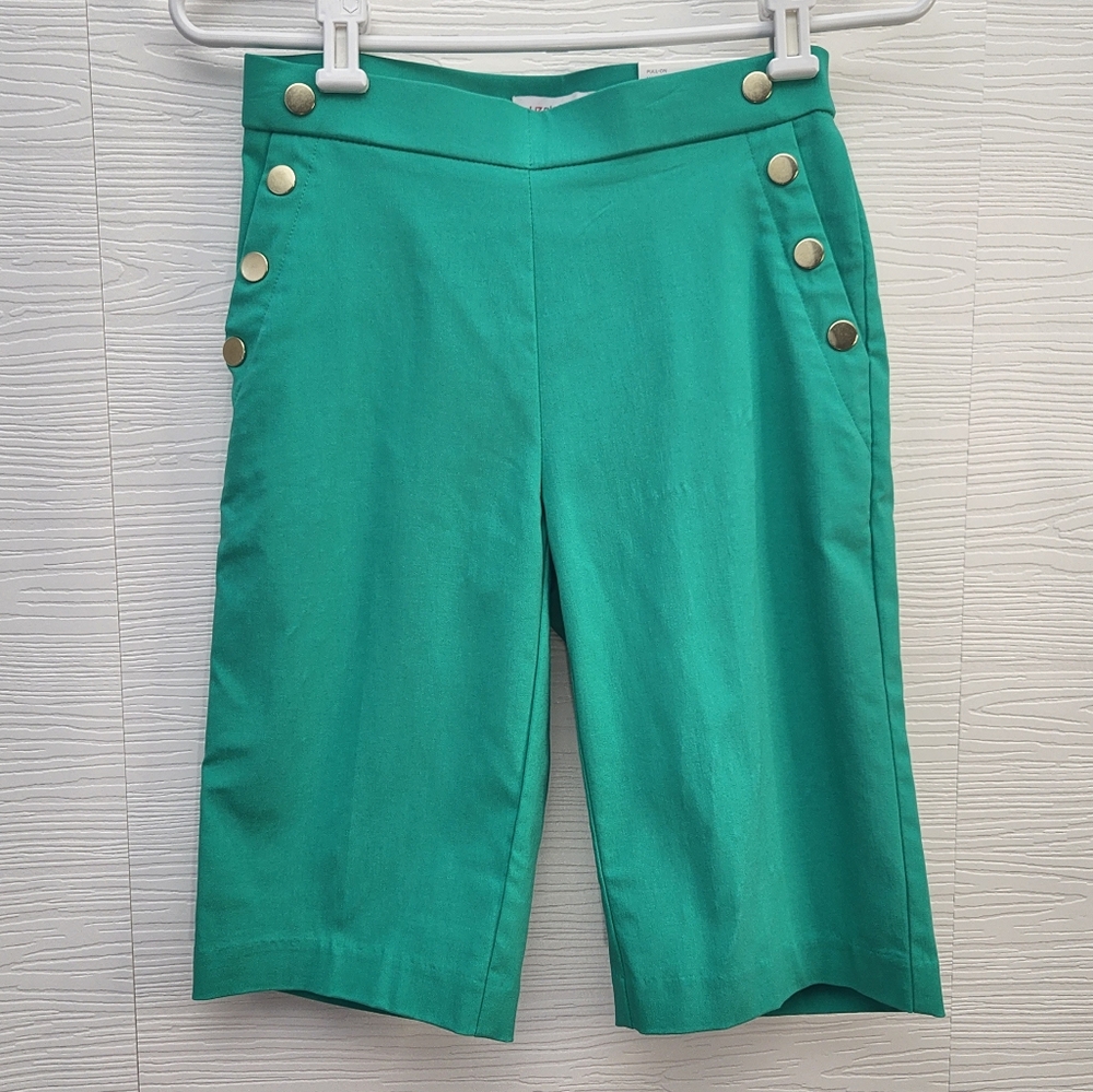 LIZ CLAIBORNE WOMAN'S SIZE XS STRETCH GREEN BERMUDA GOLD BUTTON SHORTS NWT